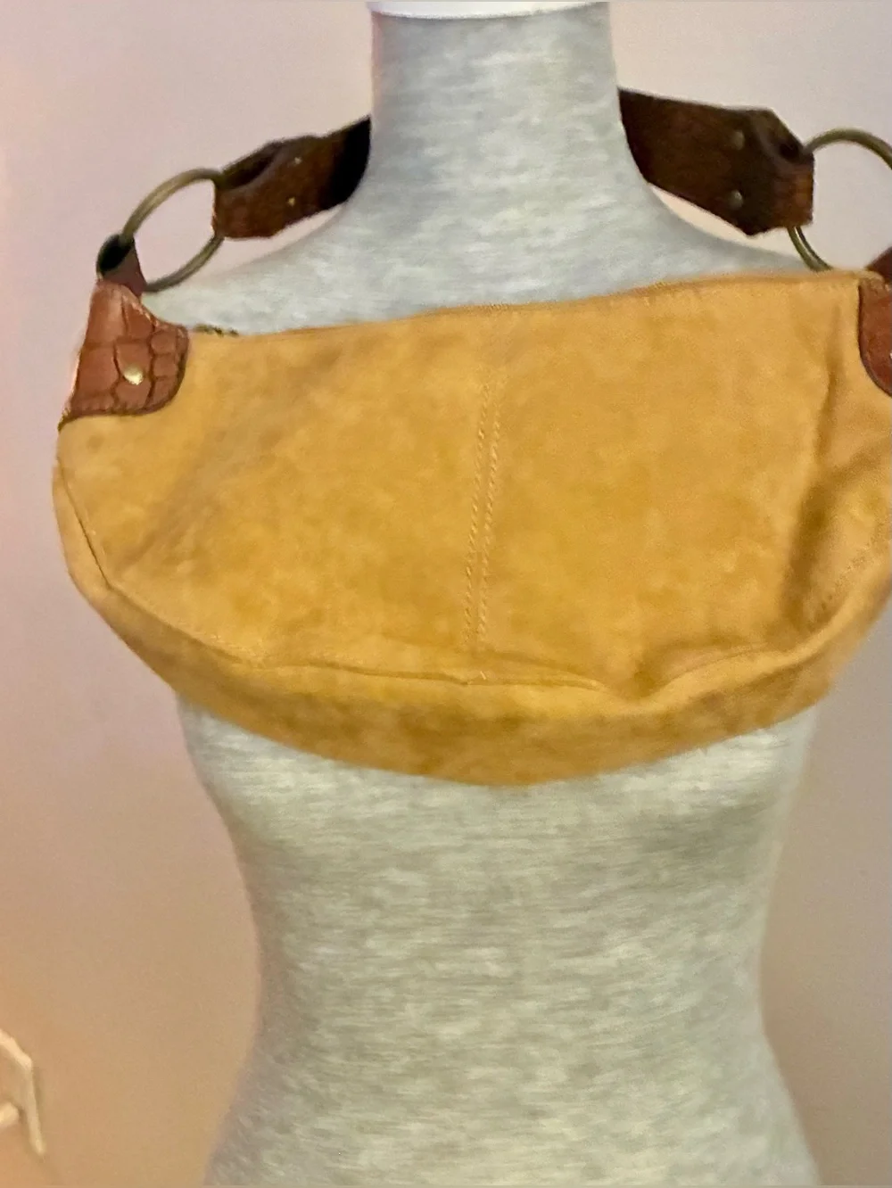 Small Suede Shoulder Bag in Tan with Brown Accents